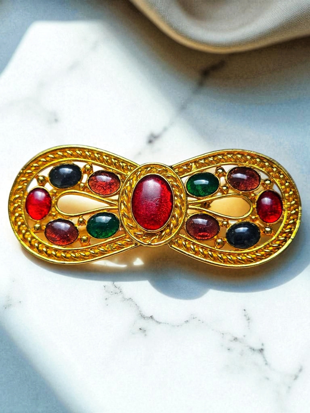 Vintage Multicolor Fuax Gemstone Gold-Tone Bow Brooch